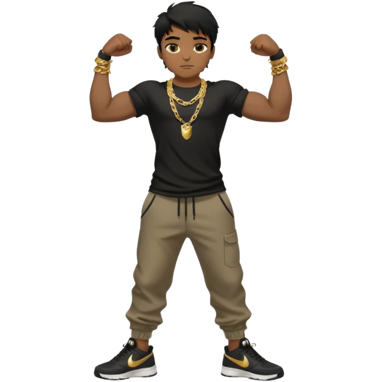 full side body close up view of muscular 13yo boy with veiny hands arms and biceps. has messy black hair with dark-tan skintone with black tshirt. has gold chain and nike shoes with baggy pants emoji