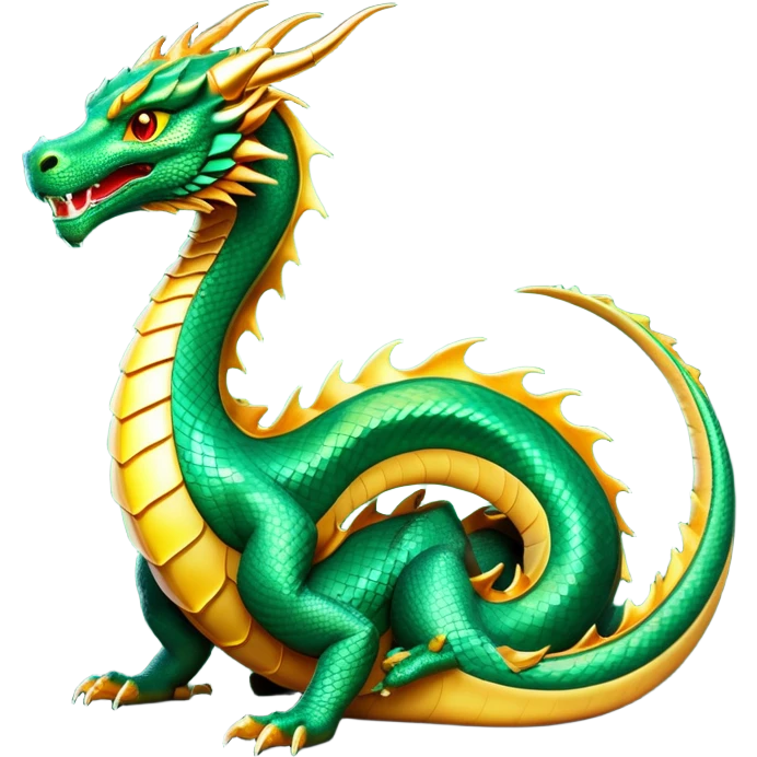 cinematic-noble-dragon-full body-emoji,-poised-and-majestic,-with-a-sinuous,-elongated-build-and-shimmering,-scale-covered-skin-in-hues-of-emerald-and-gold,-piercing,-fiery-eyes,-simplified-yet-sharp-and-sophisticated-features,-highly-detailed, zoomed out showing the serpentine body emoji