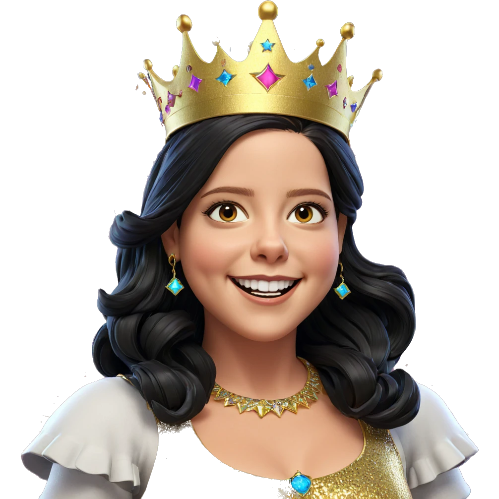 smiling girl with crown and fireworks emoji