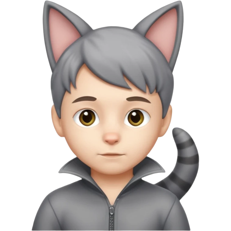 Boy kid in gray cat suit with tail and ears emoji