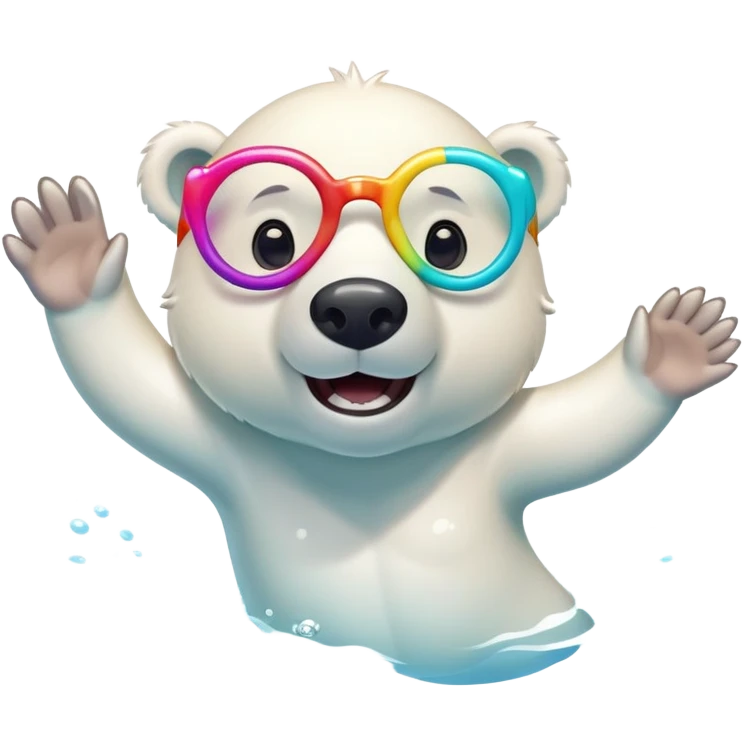 friendly anthropomorphised polar bear swimming in a crawl pose, wearing oversized colorful star glasses, excited expression, no festive outfit emoji