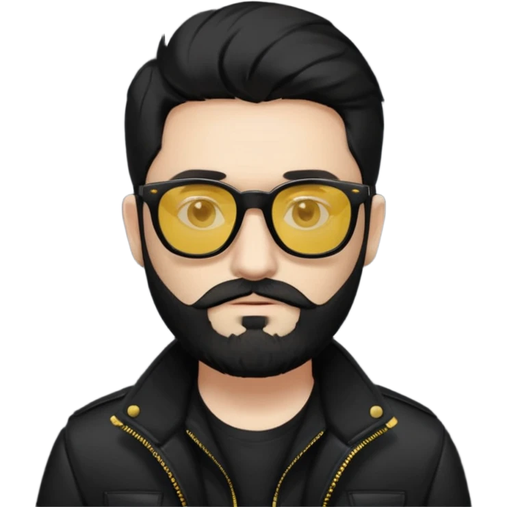 A man White middle long middle part black hair sunglasses with yellowish glasses And black jacket. Hipster black beard emoji