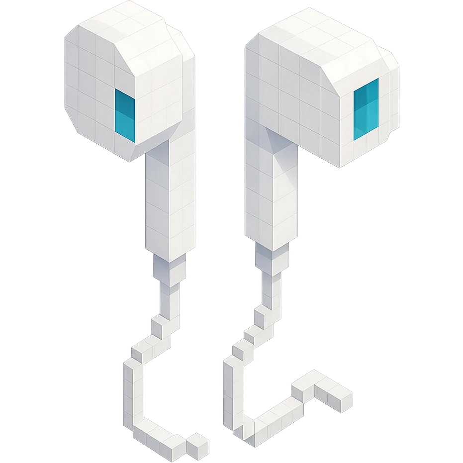 white Apple EarPods, isometric view, voxel style emoji
