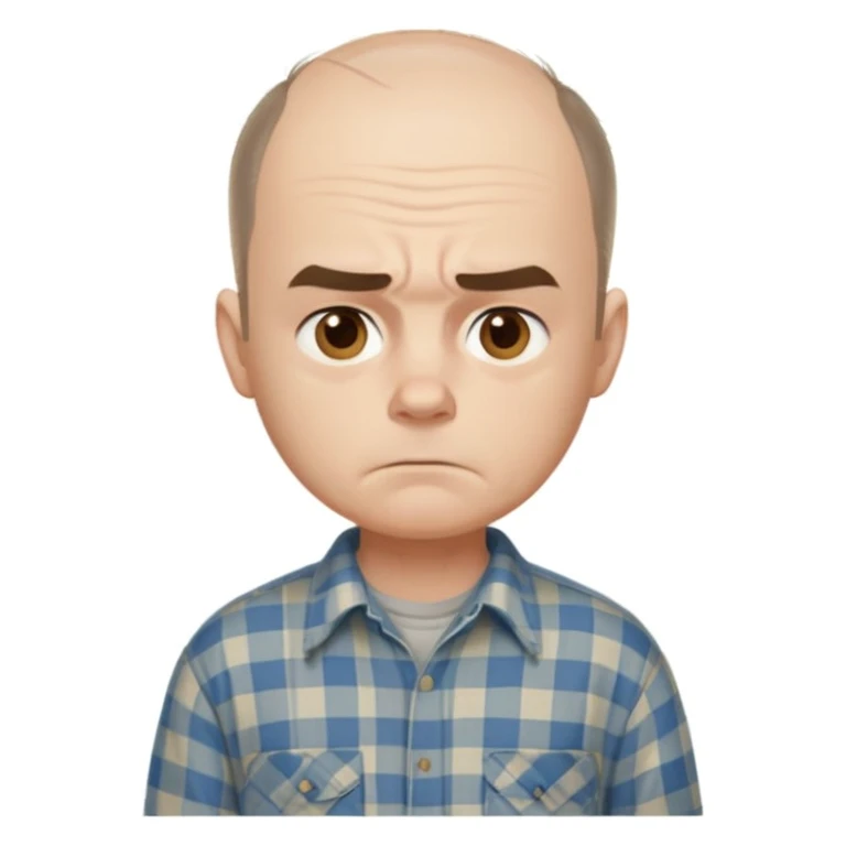 Carl from Sling Blade, serious expression, recognizable features, neutral background, full body, chin sticking out, slouching posture emoji