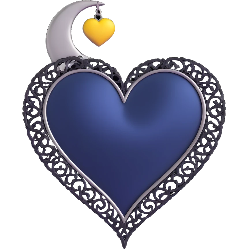 gothic heart, midnight blue satin texture, silver crescent moon charm, black lace trim, mysterious and elegant emoji