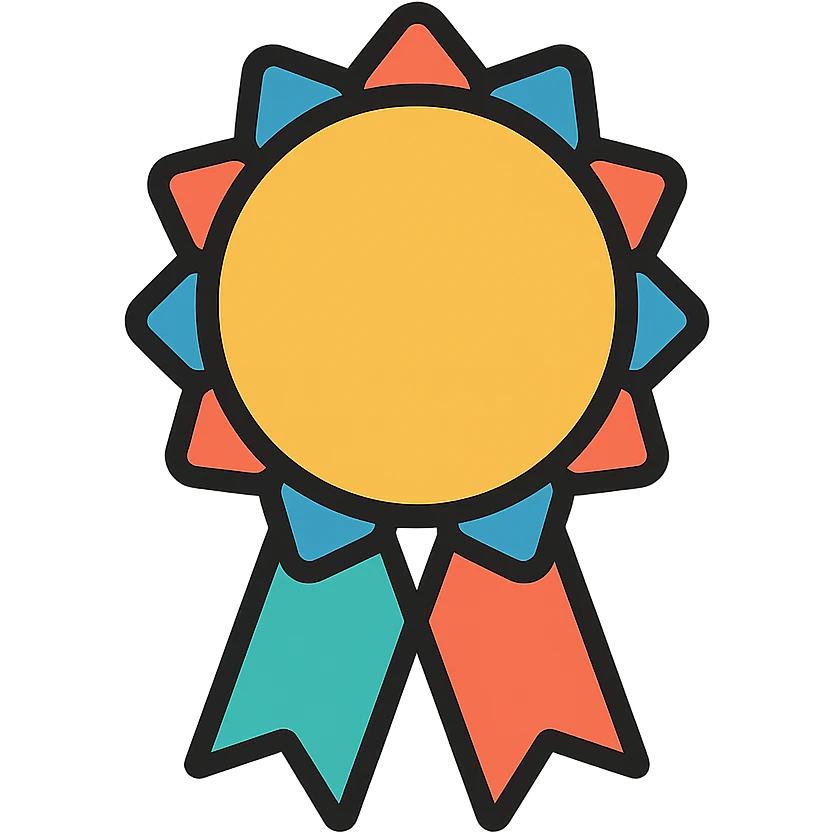 gold must have badge with colorful elements, elegant minimalist flat design, award badge style, 2D flat vector, trending icon look, soft shadows, no text, isolated on white background, commercial use emoji