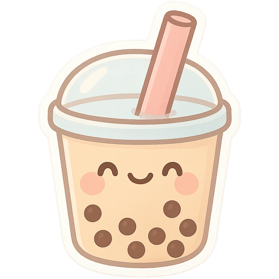 smiling boba tea cup with a straw, kawaii face, soft colors emoji