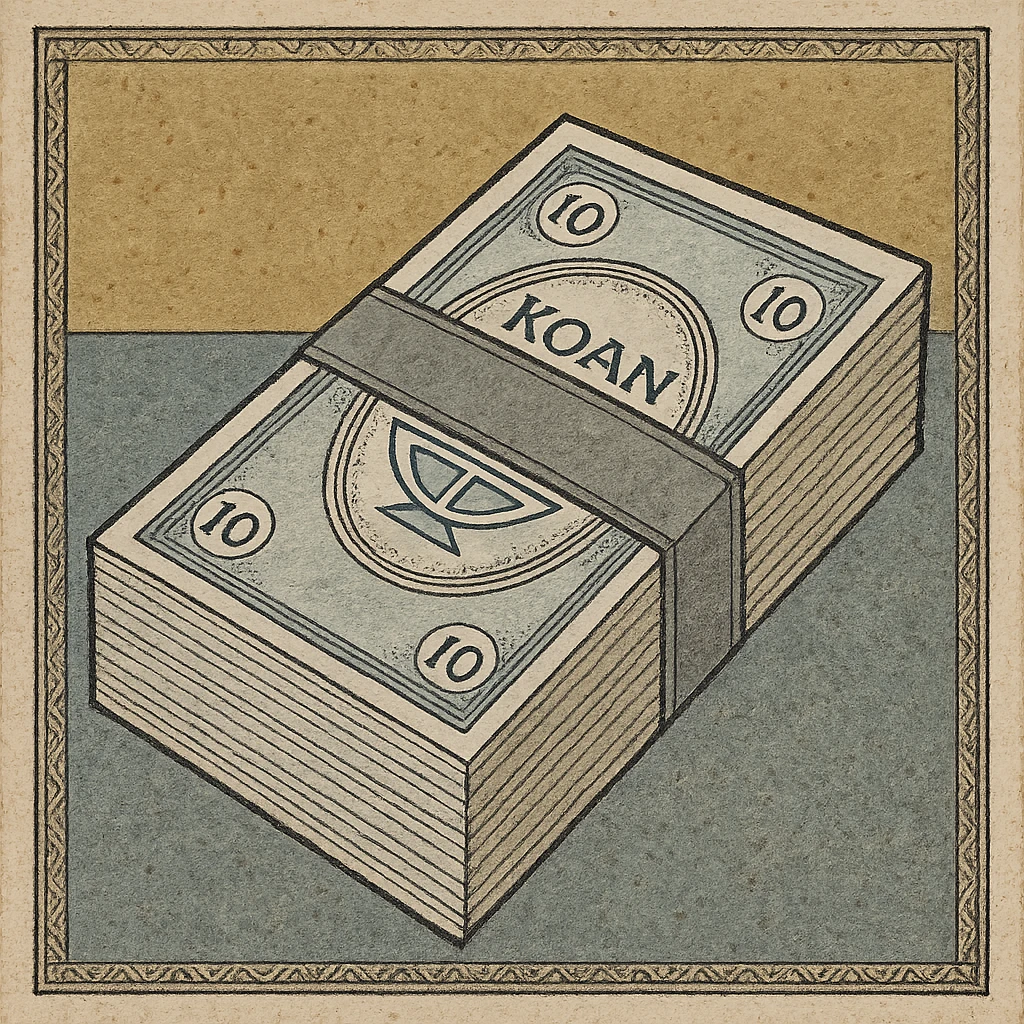a neat bound stack of blue-and-white banknotes, koan bills , 90s futuristic, the band is dark gray emoji