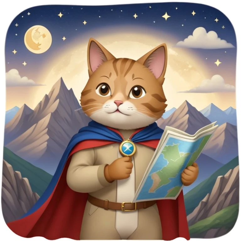 Explorer cat holding a map, mountains and stars in background, wearing light clothes and cape blowing in wind, looking into distance emoji