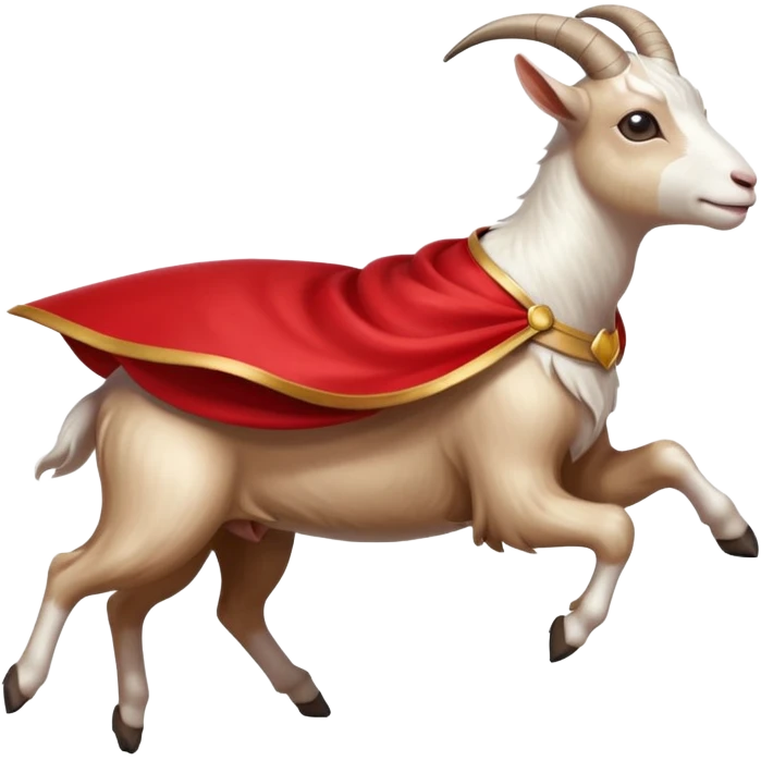 side view of white female goat wearing a read cape like superman emoji