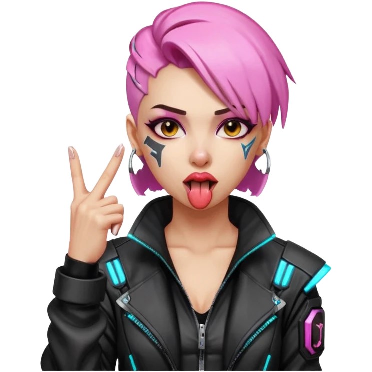Woman with her tongue out in cyberpunk clothing and giving the middle finger. Looking naughty. emoji