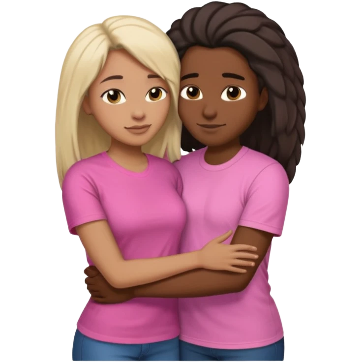 Black lesbian couple with one dark skin masculine with short hair low cut fade with a t shirt and one feminine with very long hair in a pink blouse hugging  emoji