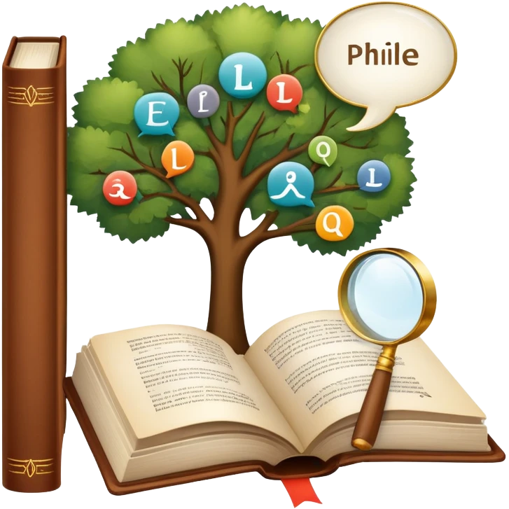 An icon featuring an open book, a speech bubble, and a linguistic tree, symbolizing philology and linguistics. The design includes alphabets, language symbols, and a magnifying glass, representing the study of language, structure, and meaning. Transparent background emoji