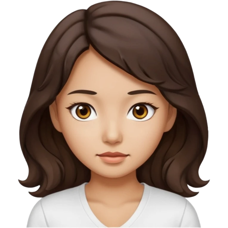 iOS style emoji. A girl with very long dark brown wavy hair. And the eyes color is dark brown. And she is wearing white t shirt with V kneck. And she is 30. She is Asian with double eyelids  emoji