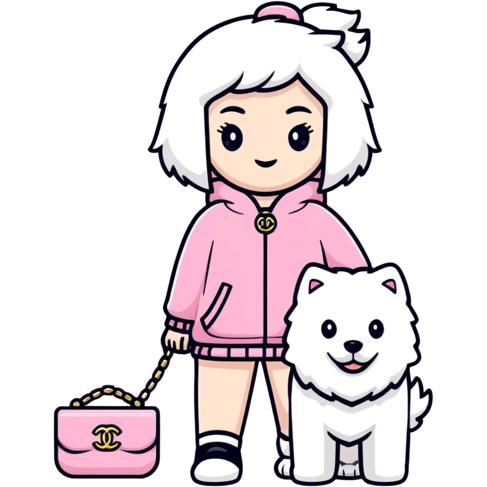 girl in pink Chanel-style outfit with white Samoyed dog emoji