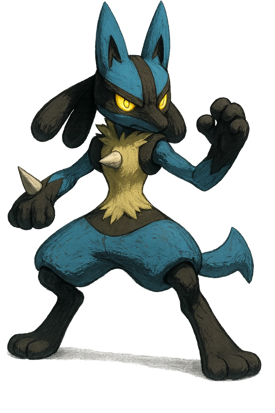 Lucario, cool martial arts stance, blue and black fur, glowing yellow eyes emoji