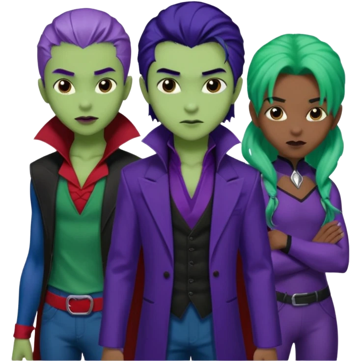 Solo poly platonic relationship, one African girl, one Asian boy, one biracial features Asian tomboy girl rat-tail hair long and upper masculine hair 90s, vampire and marvel cosplay elements inspired  use marvel colours, like instead of obvious human, green purple blue etc,  emoji