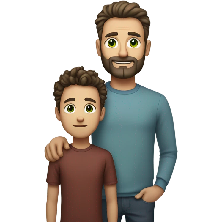 Handsome Father 40s green eyes with short full beard with Son 13s tousled bedhead look both has brunette hair light skin arms on shoulder portrait emoji