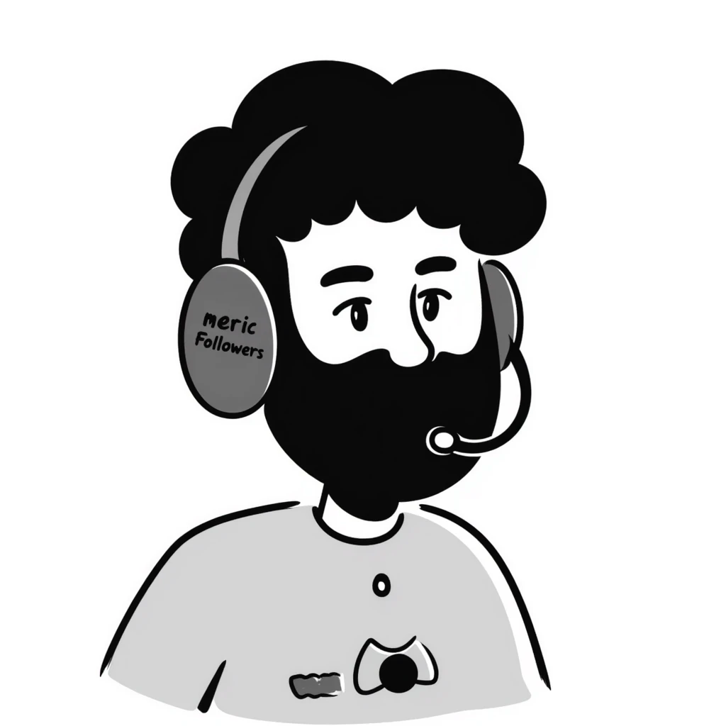 A person with black hair, brown eyes, black beard wearing a gaming headset "merci Followers" emoji