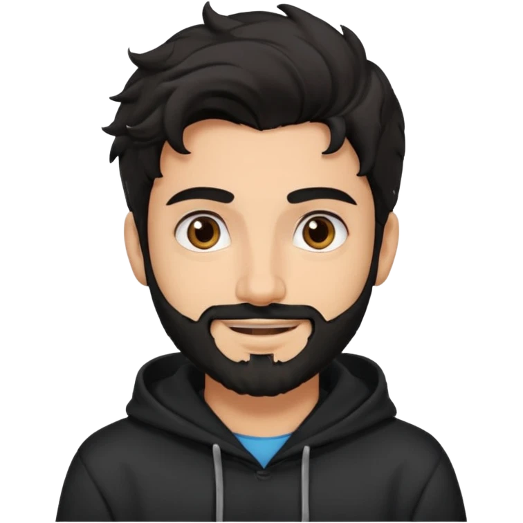 young fair skin pakistani guy smiling with black beard, wavy hair pushed back and brown eyes and big eyebrows, wearing black hoodie emoji