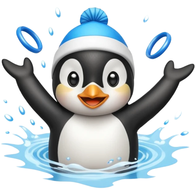 A cheerful penguin swimmer in swim cap, doing a playful backstroke with water rings popping around.
 emoji