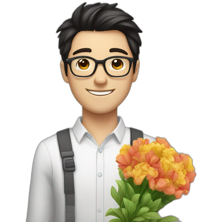 white skin guy with dark hair and glasses gives ф bouquet of flowers emoji