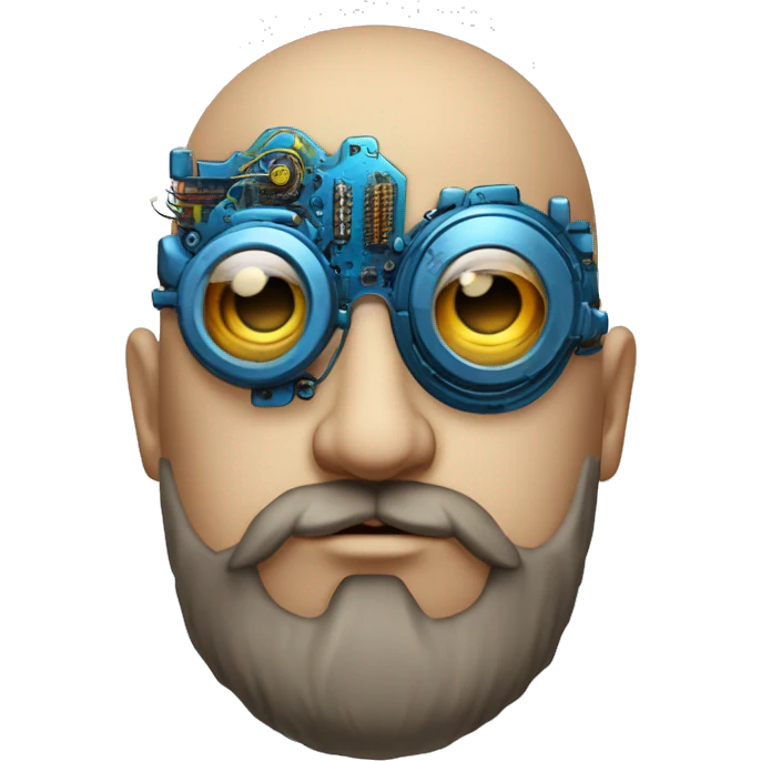 Bearded Fat bald cyborg head with tan skin, blue steampunk goggles and circuits emoji