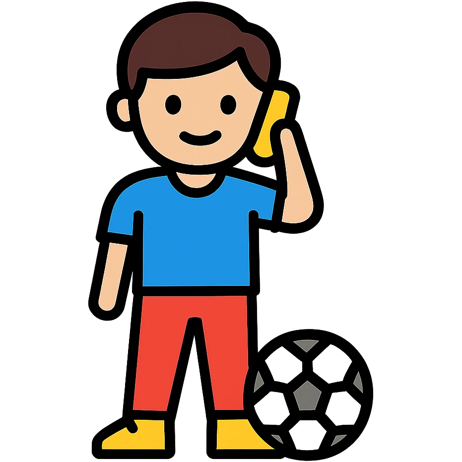 A playful color outline style image of a teenage boy on the phone with a football at his feet, no background. emoji