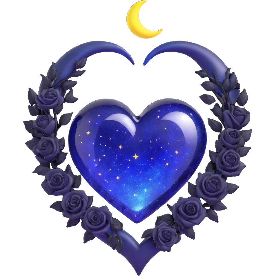 gothic heart made of midnight blue glass with a silver crescent moon, tiny black roses, shimmering stardust, magical glowing aura emoji