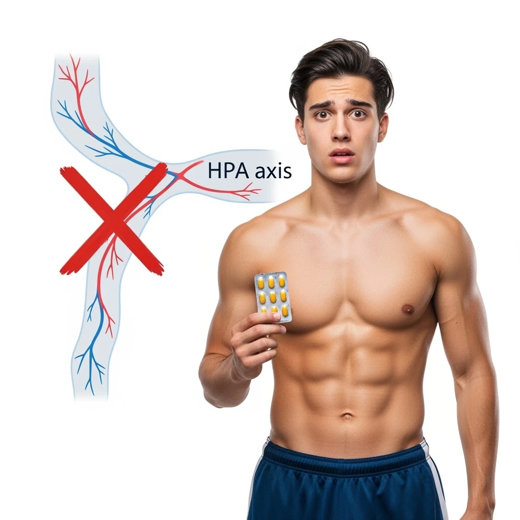 Giovane atleta che tiene in mano blister di steroidi orali, mentre dietro di lui si vede un diagramma stilizzato dell’asse HPT con una X rossa sopra, espressione preoccupata emoji