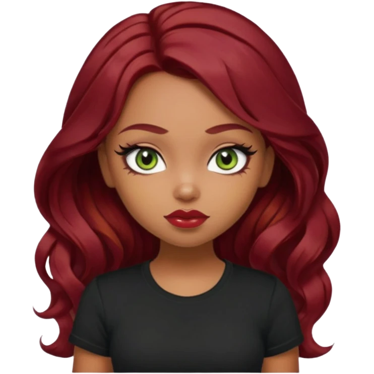 a pretty fair bratz girl with wavy dark red hair, wearing a black tee. eyeliner on, olive green eyes. Till Waist \ emoji