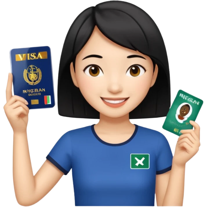 Nigeria, travel visa, with a Asian girl with short black hair, fair skin, and a young, enthusiastic smile emoji