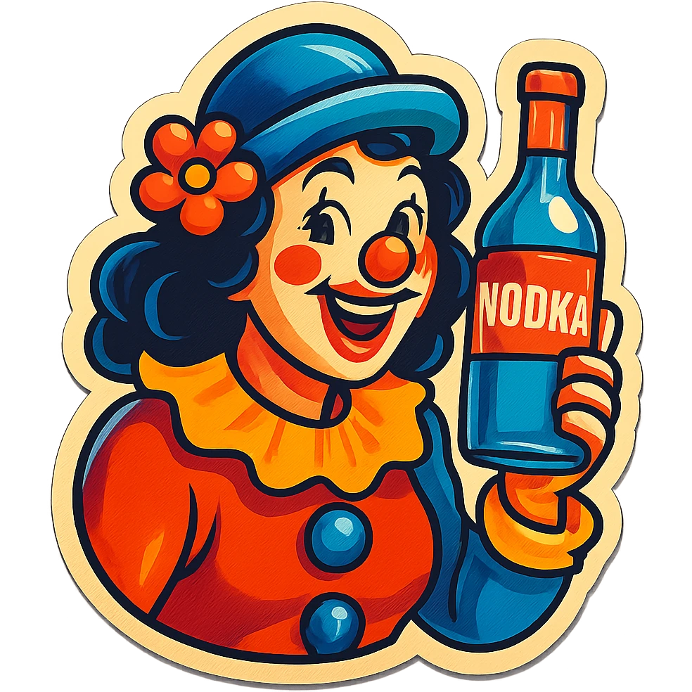 A sticker of a female clown with a bottle of vodka emoji