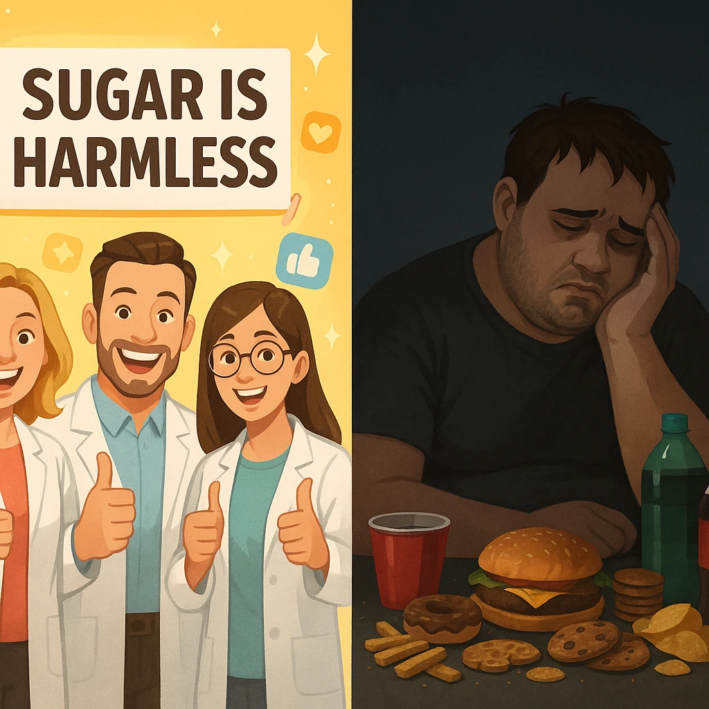 split scene: social media side with cheerful experts promoting sugar as harmless, bright background and filters; opposite side tired overweight person surrounded by snacks and sugary drinks, dark and sad environment; visual metaphor, dual lighting, 4K quality emoji