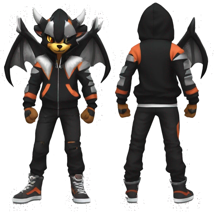 Cool Anthro Black Noivern-Houndoom-Litten-Pokémon with edgy stripes hoodie spiked collar punk Full Body emoji