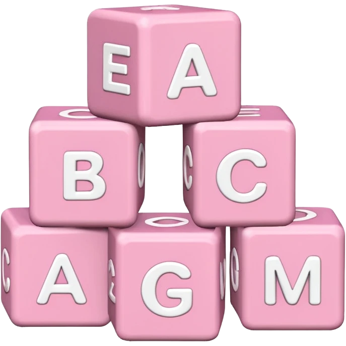 three Light pink and white toy alphabet blocks stacked with different letters emoji