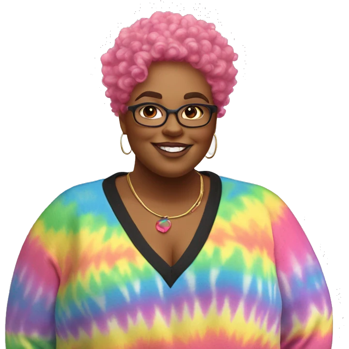 Plus size black woman with pink curly pixie cut hair and a rainbow tie dye sweater  emoji