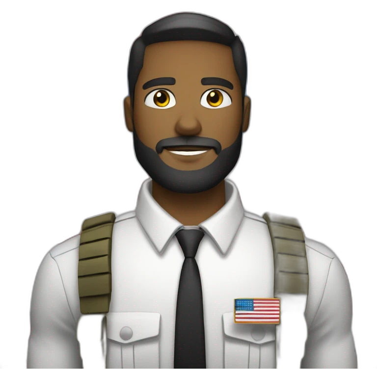 soldier with a beard, a part in hair, a white collared shirt, a bow tie, bulletproof vest with an american flag emoji