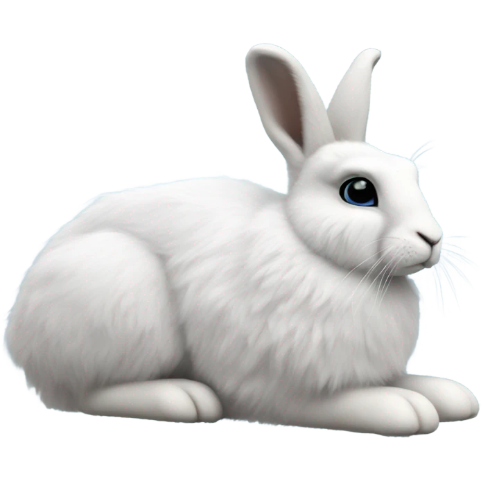 snowshoe hare very fluffy, no legs. laying down, side view, blue eyes emoji