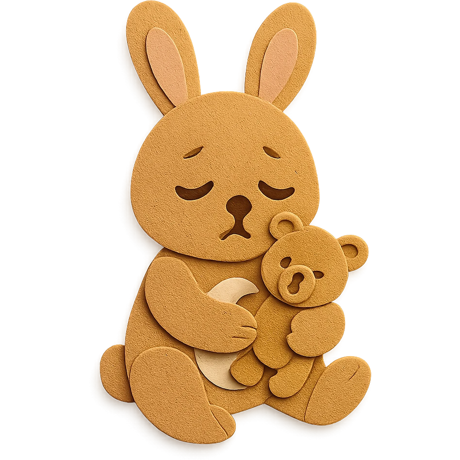 flawless, highly detailed, high quality paper craft style illustration of a caramel-colored bunny holding a teddy bear, eyes drooping, perfect proportions, no imperfections, intricate textures, soft lighting, delicate cut-paper details emoji