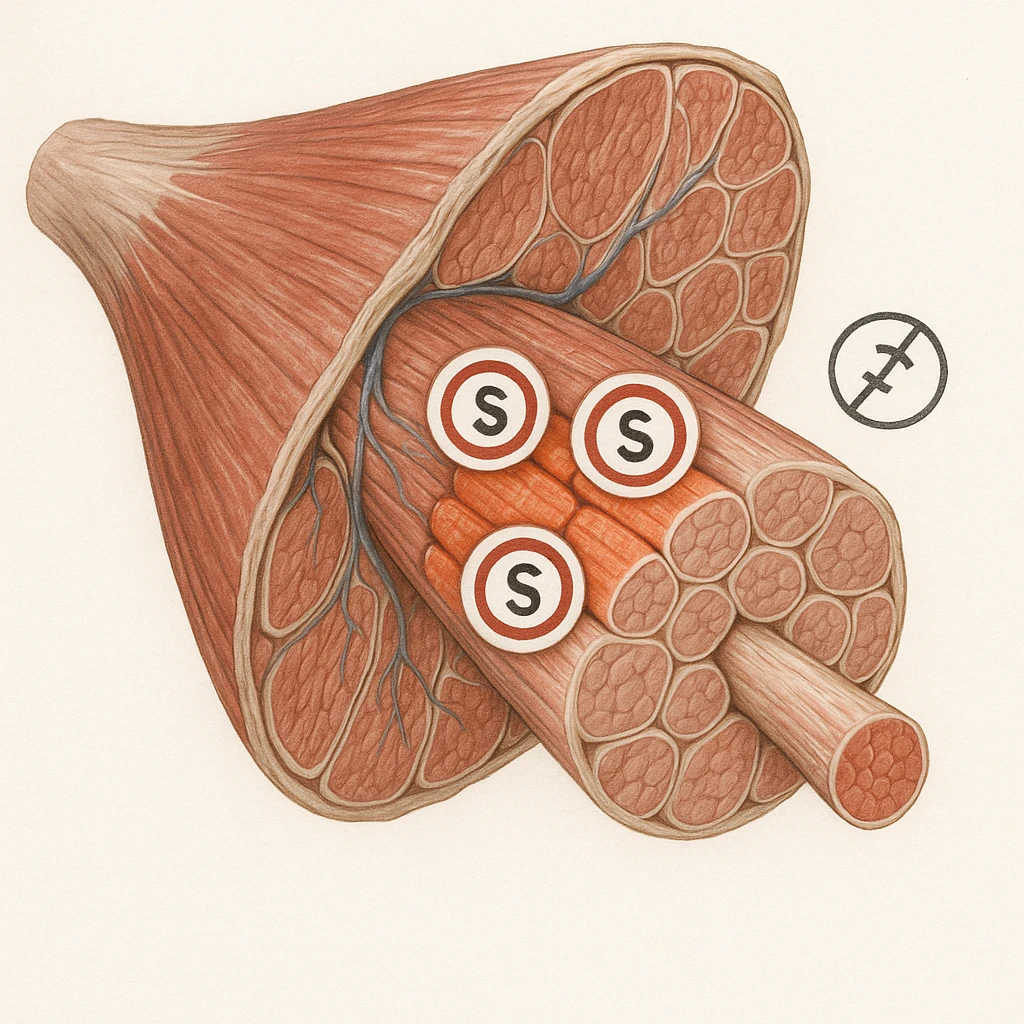 hyper realistic image of cross section of muscle with highlighted slow fibers, slightly enlarged, saturation symbols and limited growth, anatomical details, natural colors, light background emoji