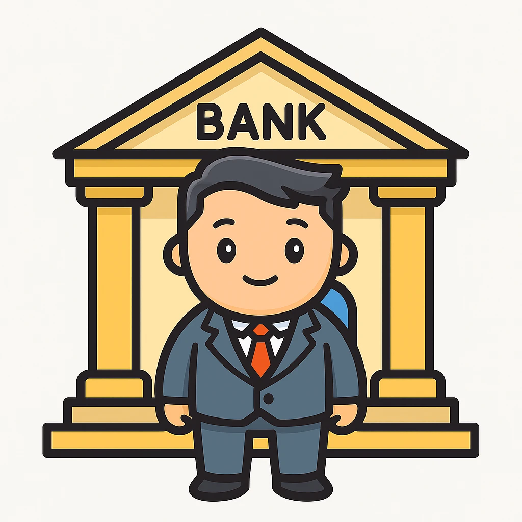 Add a bank building background to the bank manager in a lineal color icon style with black outlines, clean and clear with vibrant colors. emoji