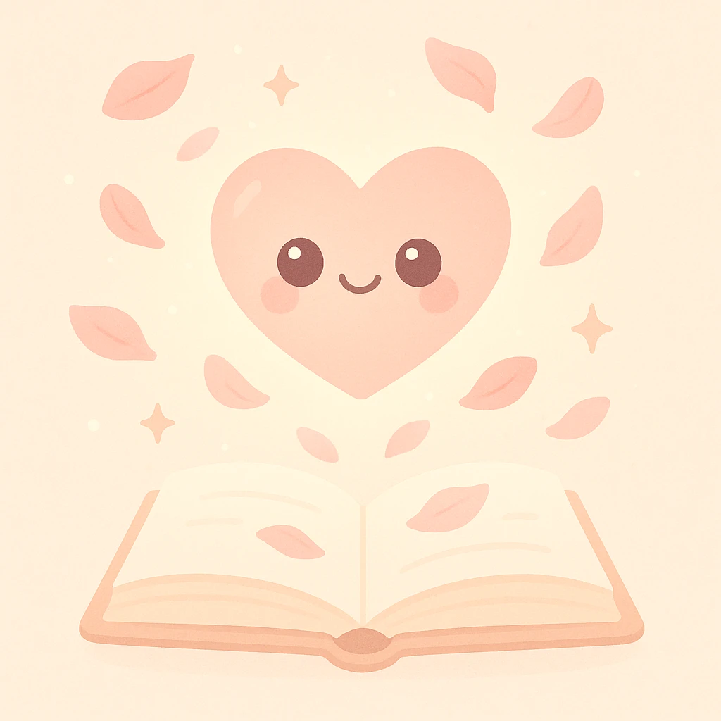Романтичная иллюстрация в нежных пастельных тонах: открытая книга, из страниц которой вылетает сердце из света, вокруг — лепестки роз, мягкий фон с лёгким свечением. Атмосфера тёплая и мечтательная, в стиле акварели. Подходит для обложки любовного романа. emoji