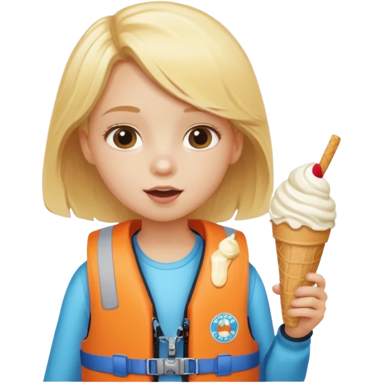 girl blonde kid wearing lifejacket, eating ice cream emoji