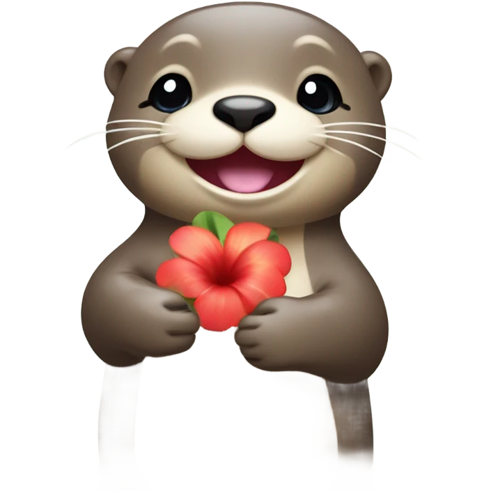 A happy and cute otter face with a Hawaiian flower-shaped pin, holding a heart in its hand. emoji