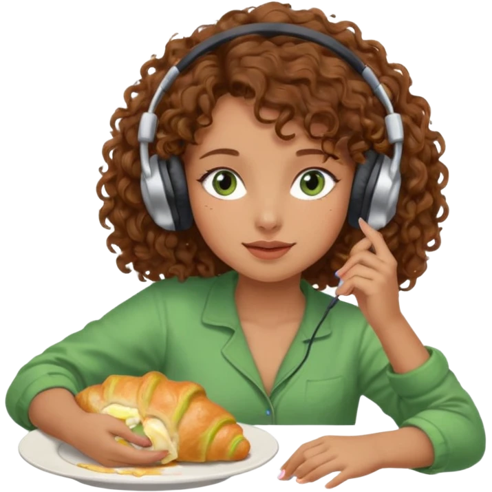 Brown curly hair girl blue green eyes painting sleeping eating dancing listening to misic emoji