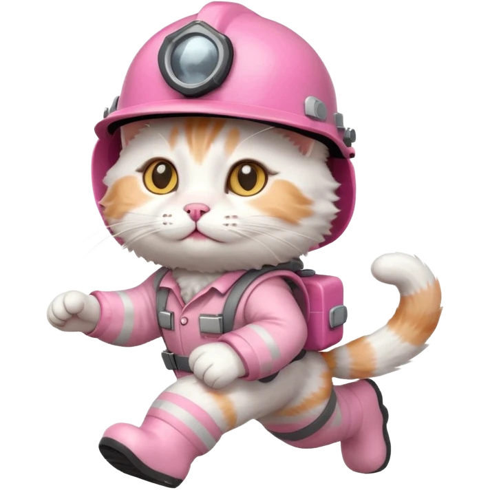 A cute white and pink cat dressed as engineer with a helmet running fast emoji