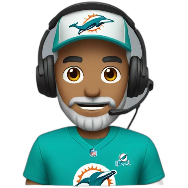 grey bearded man wearing a black cap and a headset with a miami dolphins t-shirts emoji