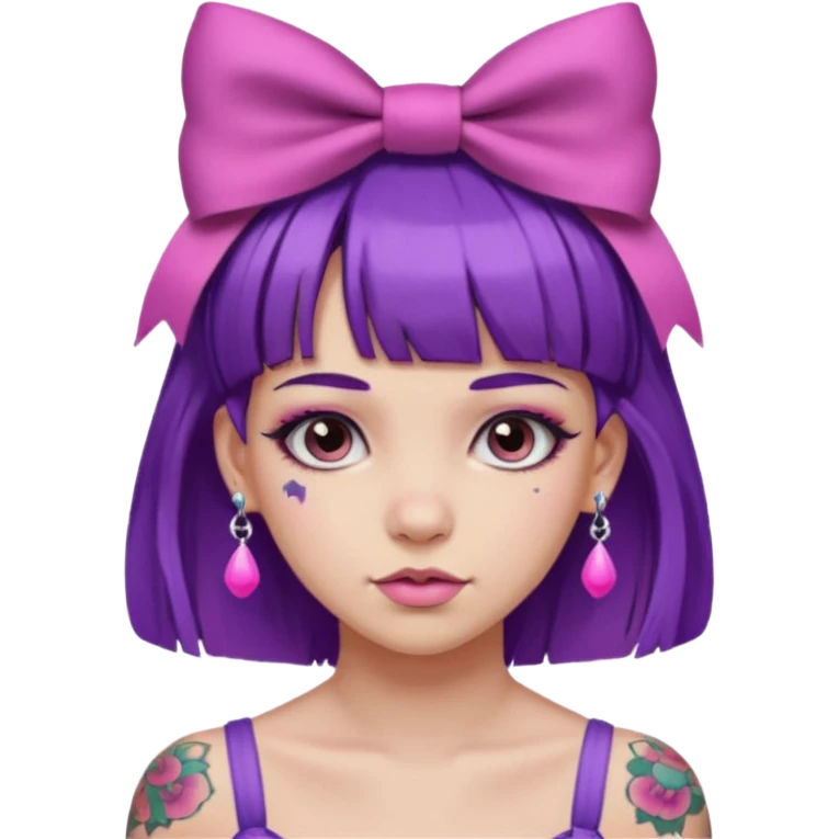 girl with bangs and purple hair and pink hairbow on the side of head and earrings and tattoos emoji