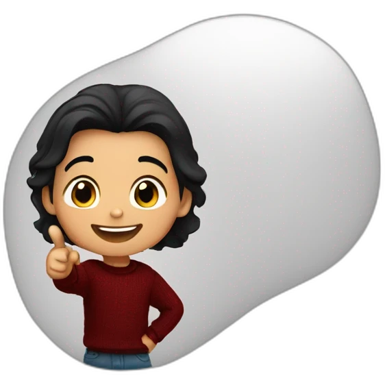 smiling and pointing 3 years old white skin indian with black hair wearing a dark red sweater emoji